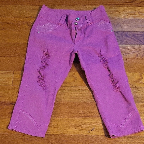 Pink Colombian Womens Stretchy Ripped Capri - Picture 1 of 9